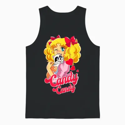 Candy Raccoon Cartoon Japanese Retro 80s Manga Unisex Tank Top - Black
