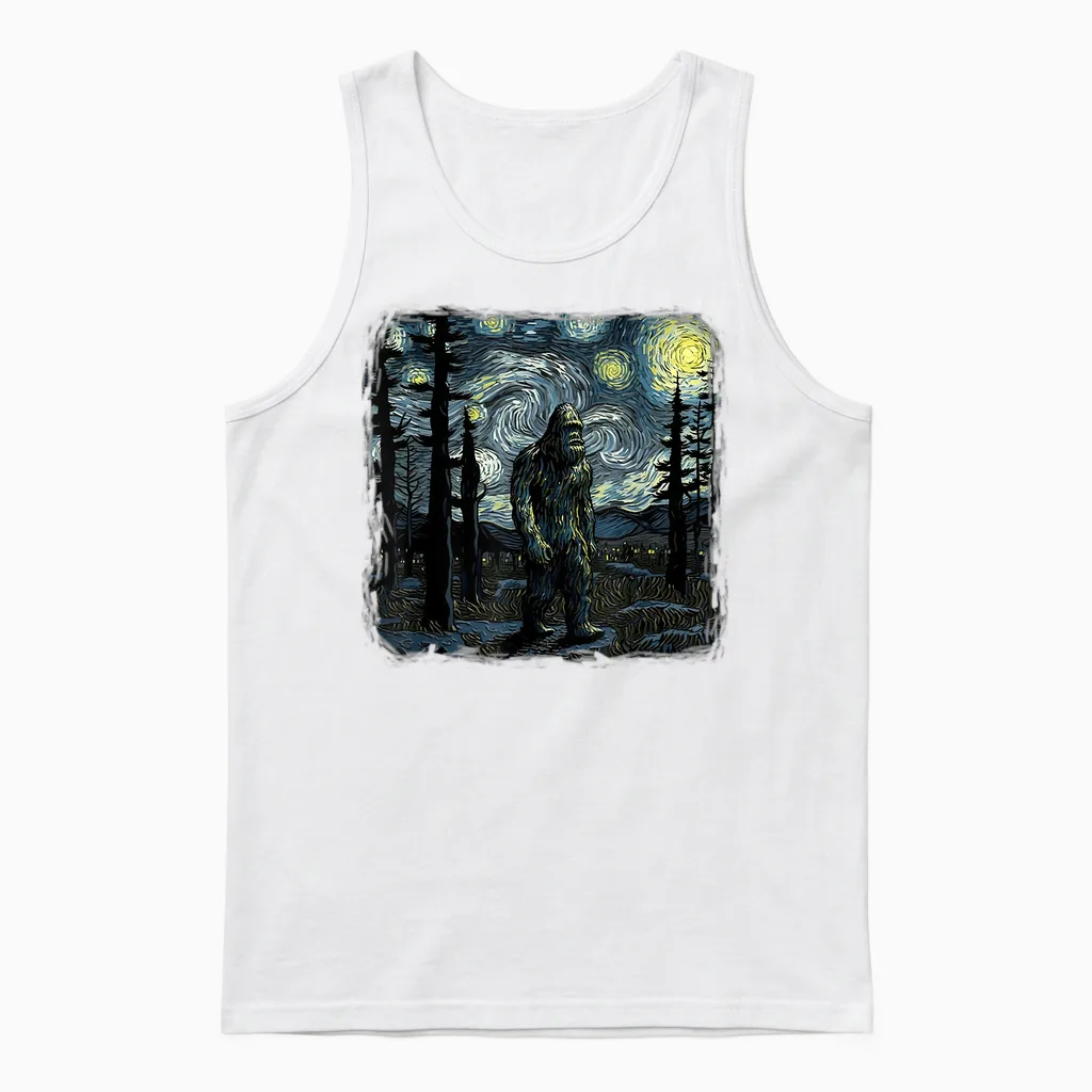 Bigfoot Starry Night Sasquatch Van Gogh Sky Painting Art Unisex Tank Top in White