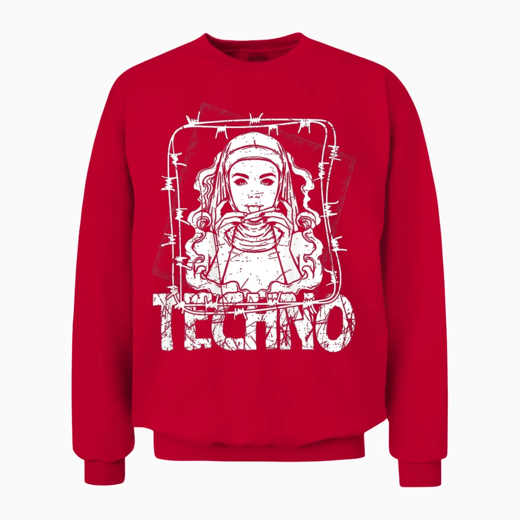 Backprint Techno Merch Rave Kleidung 200 Bpm Techno Nonne Unisex Sweatshirt in Red
