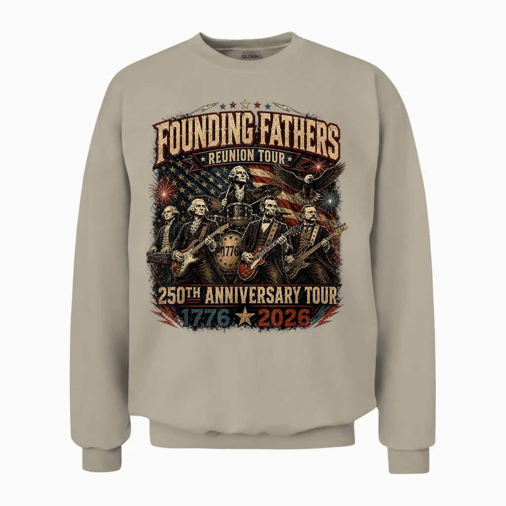 Funny Founding Fathers Reunion Tour Rockstar Graphic Unisex Sweatshirt in Sand