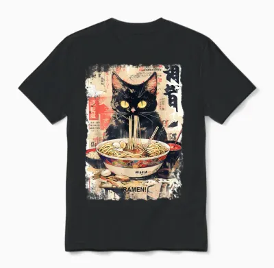 Cat Ramen Noodle Japanese Anime Manga Ramen Kawaii Cat T-Shirt, Black Unisex T-Shirt - Black