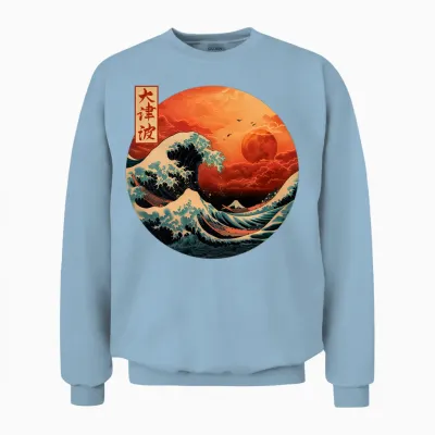 The Great Wave Kanagawa Japanese Streetwear Long Sleeve, Black, S Unisex Sweatshirt - Light Blue