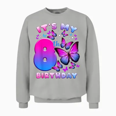 Geburtstag Mädchen 8 Jahre Alt, Schmetterling, Nummer 8 Unisex Sweatshirt - Ash