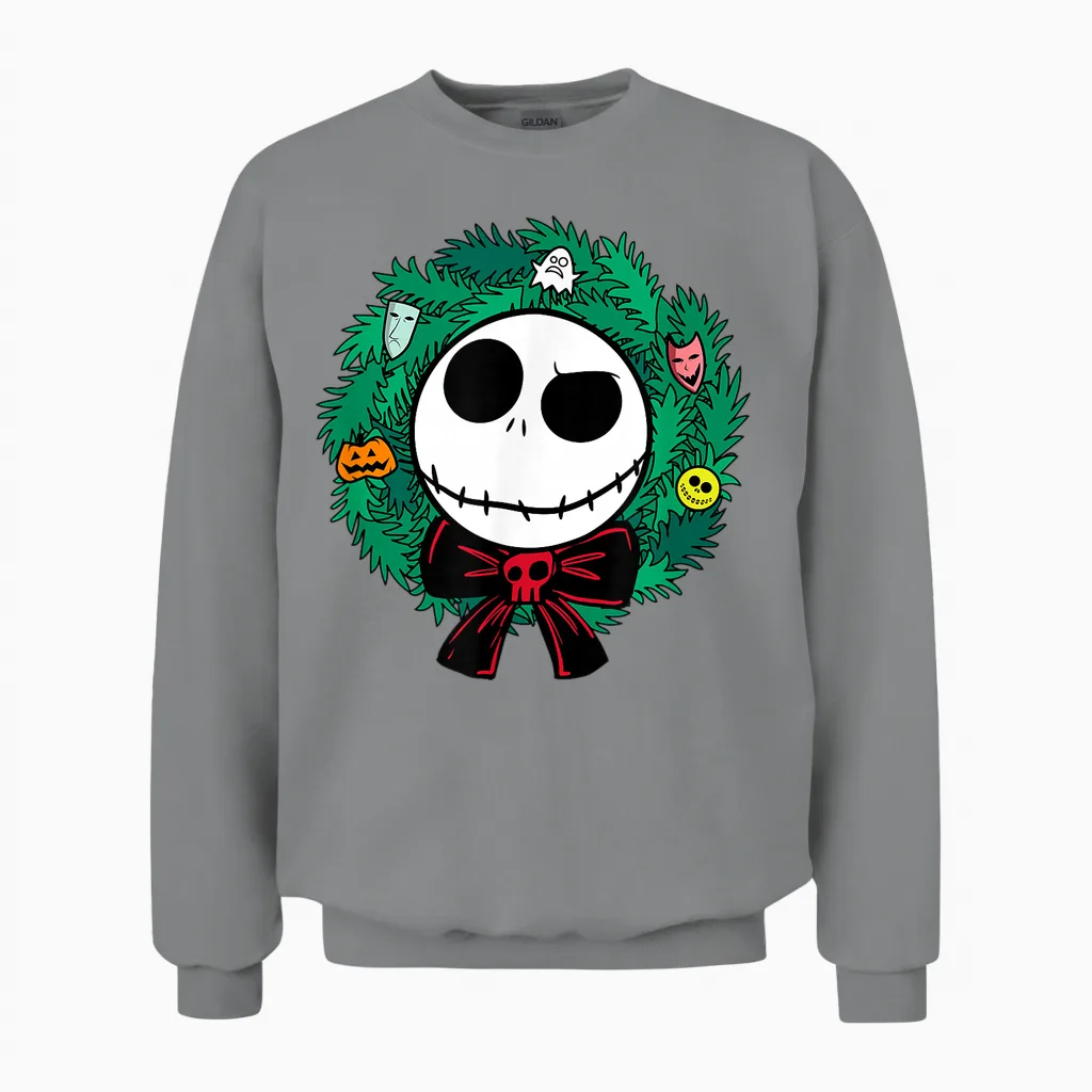 Amazon Essentials Men's Nightmare Before Christmas Jack Festive Holiday Wreath T-Shirt, Blue, Small Unisex Sweatshirt in Sport Grey