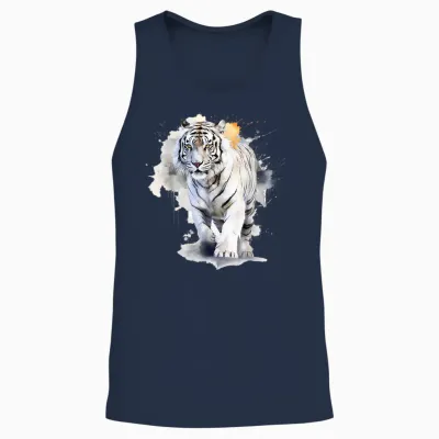 White Tiger Lover Artwork | Animal Motif Tiger T-Shirt, White Unisex Tank Top - Navy