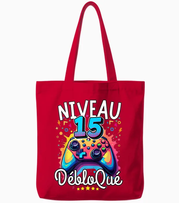 15 Years Funny Teen Boy Geek Birthday 15 Years Gamer Tee T-Shirt, Black, S Tote Bags in Red