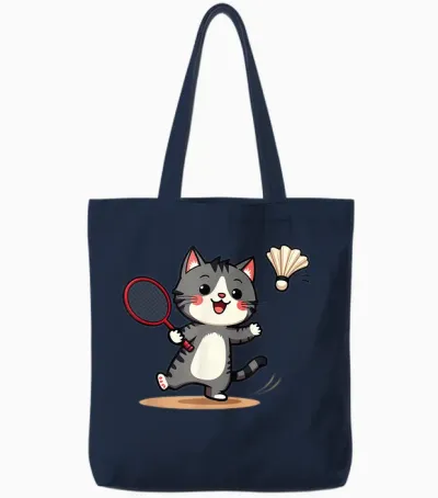 Funny Badminton Cute Cat Racket Flying T-Shirt, Black, S Tote Bags - Navy