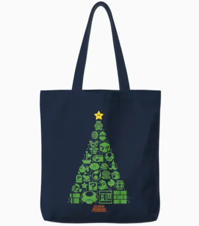Super Mario Item Characters Christmas Tree Graphic Short Sleeve T-Shirt Black Tote Bags - Navy