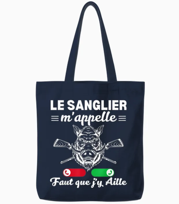 The Boar Calls Me Faut Que J'y Aille Hunter Boar Tote Bags in Navy