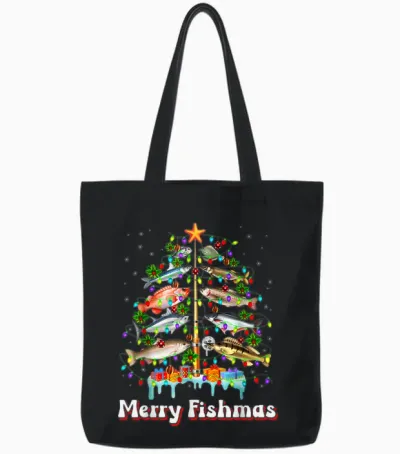 Merry Fishmas Christmas Tree Funny Fish Fishing Fisherman Tote Bags - Black