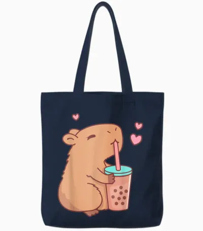 Funny Capybara Bubble Tea Animal Lovers Rodent Capyboba T-Shirt, Black Tote Bags - Navy