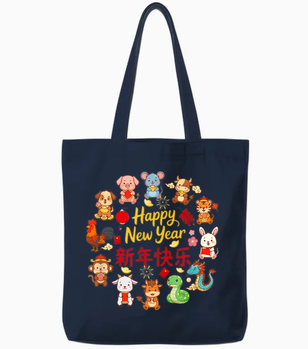 Happy New Year Lunar New Year Chinese 12 Zodiac Sign Lover Tote Bags in Navy