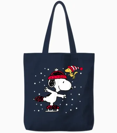 Peanuts Snoopy and Woodstock Skate Holiday Short Sleeve Tote Bags - Navy