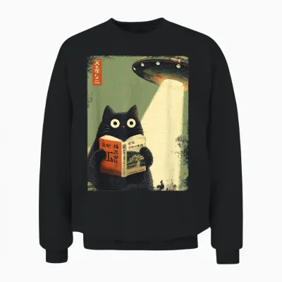 Vintage Japanese Cat Book for Ufo Lovers Alien Abduction Unisex Sweatshirt - Black