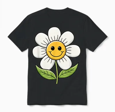 A Funny Flower with Face and Leaves Cheerful Flowers T-Shirt, Black, S Unisex T-Shirt - Black