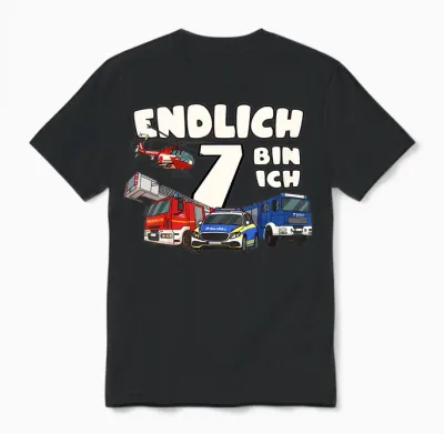 Kinder 7. Geburtstag Polizei, Feuerwehr, Thw & Rettungsdienst Unisex T-Shirt - Black