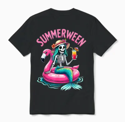 Summerween Mermaid Skeleton Beach Flamingo Halloween Girl Unisex T-Shirt - Black