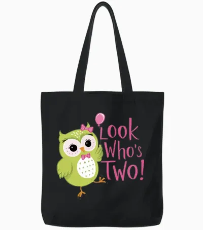Cute Owl Look Who Is Turning 2 | 2nd Birthday Tote Bags - Black