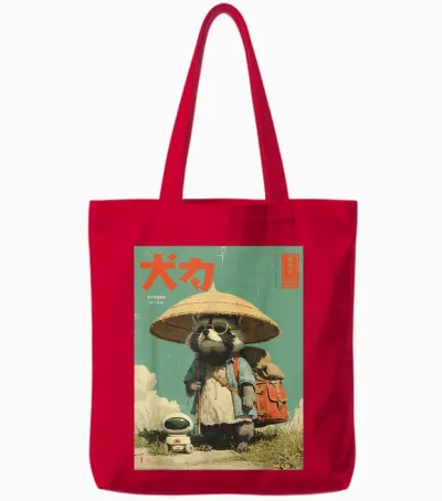 Vintage Retro Japanese Geeky Raccoon Hiking with Robot Tote Bags - Red