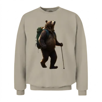 Backpacking Bear with Hiking Stick Unisex Sweatshirt - Sand