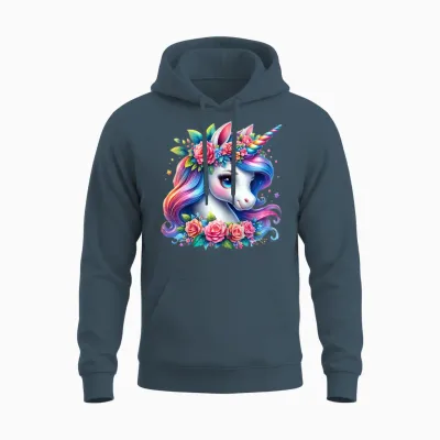 Cute Unicorn with Rainbow Mane Flowers Unicorn Unisex Hoodie - Dark Heather