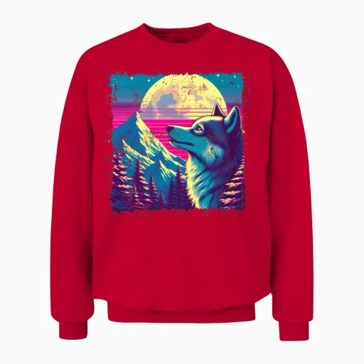 Retro Wolf Gazing at the Moon Unisex Sweatshirt - Red