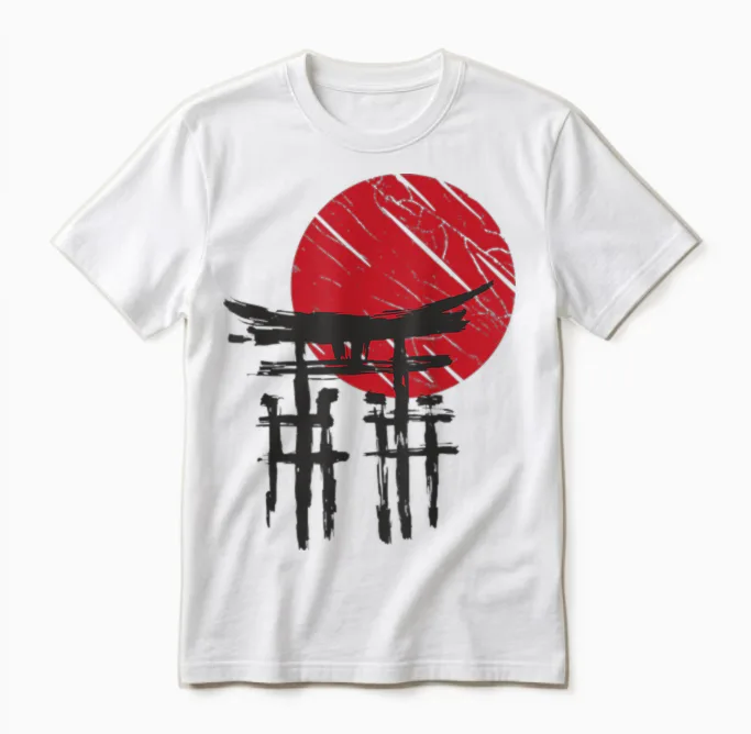 Japanischer Tempel Anime Japan Red Moon Vintage Art Samurai Unisex T-Shirt in White