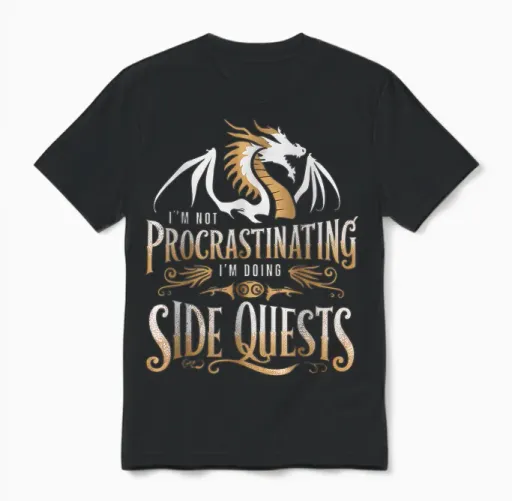 Epic Gamer Fantasy Adventure Apparel I'm Not Procrastinating I'm Doing Side Quests Dragon T-Shirt, Small, Black Unisex T-Shirt in Black