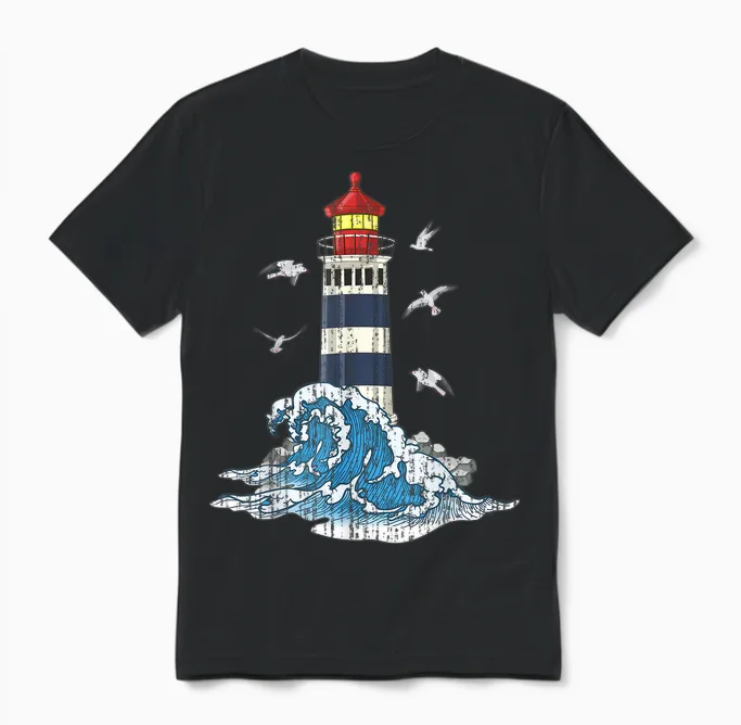 Ozean Möwen Meer Wellen Leuchtturm Unisex T-Shirt in Black
