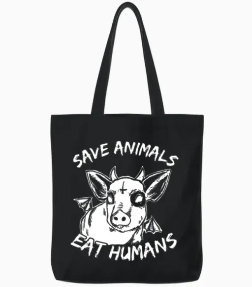 Save Animals Eat Humans Cow Heifer Satanic Cross Tote Bags in Black