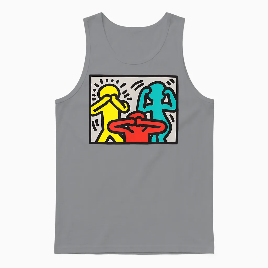 Keith Haring See Hear Speak Nothing Boses Artwork T-Shirt, Blue Unisex Tank Top in Sport Grey