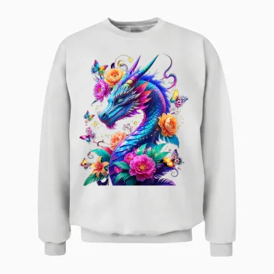 Watercolor Dragon Flowers Beautiful Art Colorful Graphic Unisex Sweatshirt - White
