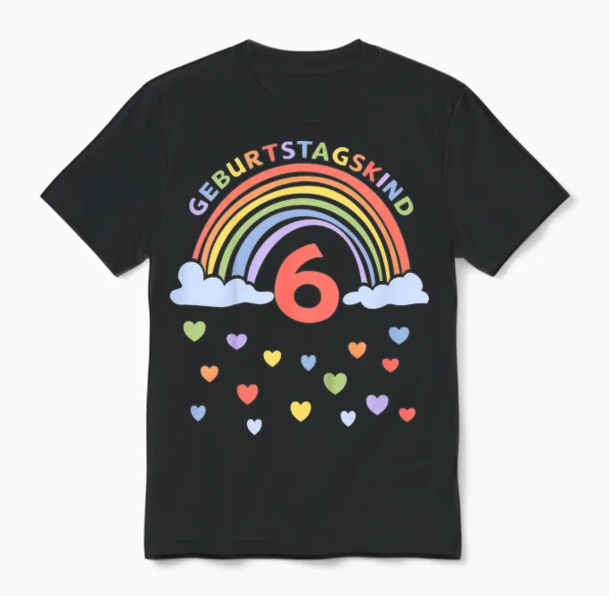 Children's 6 Years Sixth Birthday Rainbow T-Shirt, Black Unisex T-Shirt in Black