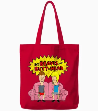 Beavis and Butt-Head T-Shirt Damen Schwarz Cartoon Classic V-Neck Short Sleeve T-Shirt S Eu Klein Regular Tote Bags - Red