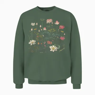 Vintage Botanical Lotus Flower Girl Unisex Sweatshirt - Military Green
