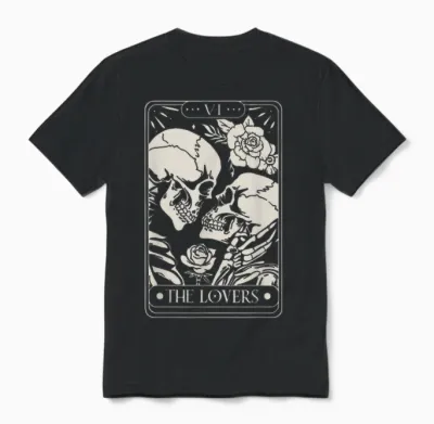 The Lovers Tarot Card Skeletons Kissing in Love Unisex T-Shirt - Black