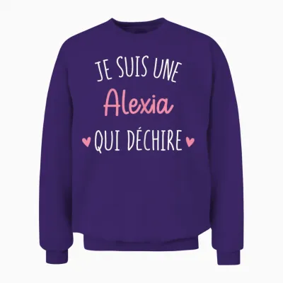 Personalised Women's Gift Name Alexia Qui Déchire T-Shirt, Black, Female X-Small Unisex Sweatshirt - Purple