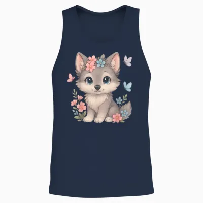 Cute Baby Wolf with Flowers Sakura Floral I Kids Wolf Women Unisex Tank Top - Navy