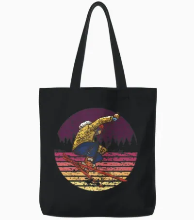 Skier Skiing Retro Tote Bags - Black