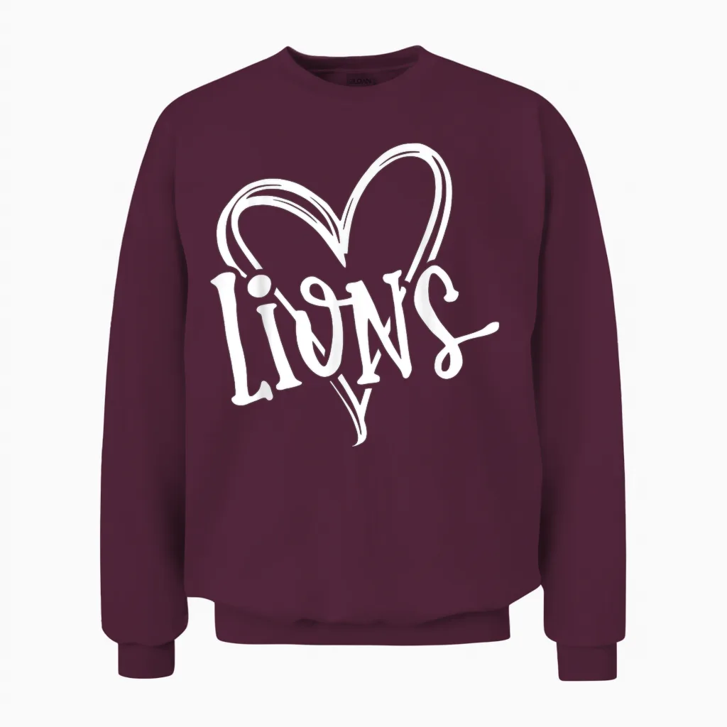 Lions School Sports Fan Team Spirit Heart Design Unisex Sweatshirt in Maroon