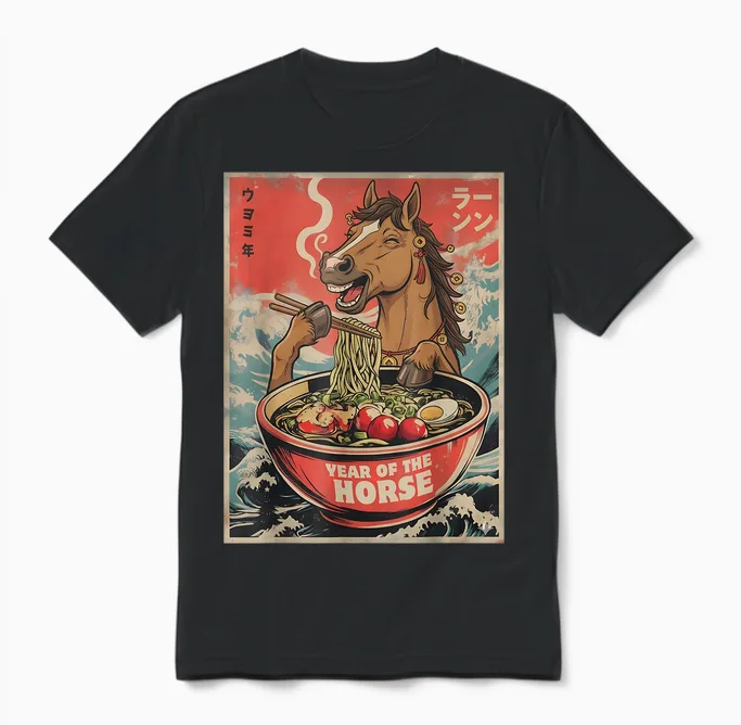 Zodiac Chinese New Year of the Horse 2026 Ramen Men Women Unisex T-Shirt in Black