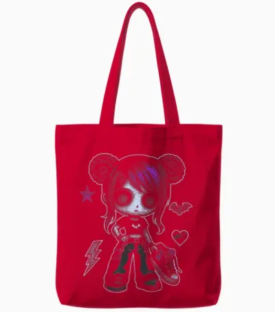 Emo Girl with Purple Highlights and Bat Goth Girl Tote Bags - Red