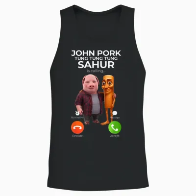 Tung Tung Tung Sahur John Pork Meme Brainrot Calling Unisex Tank Top - Black