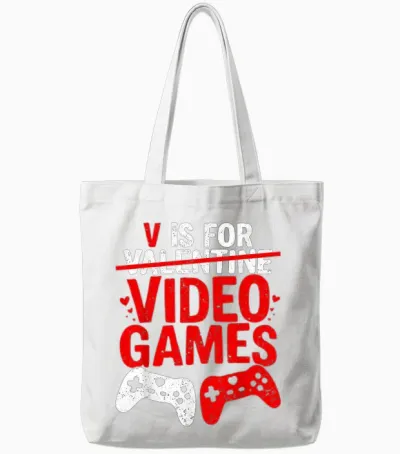 V Is for Video Games Funny Valentines Gamer Boy Men Tote Bags - White