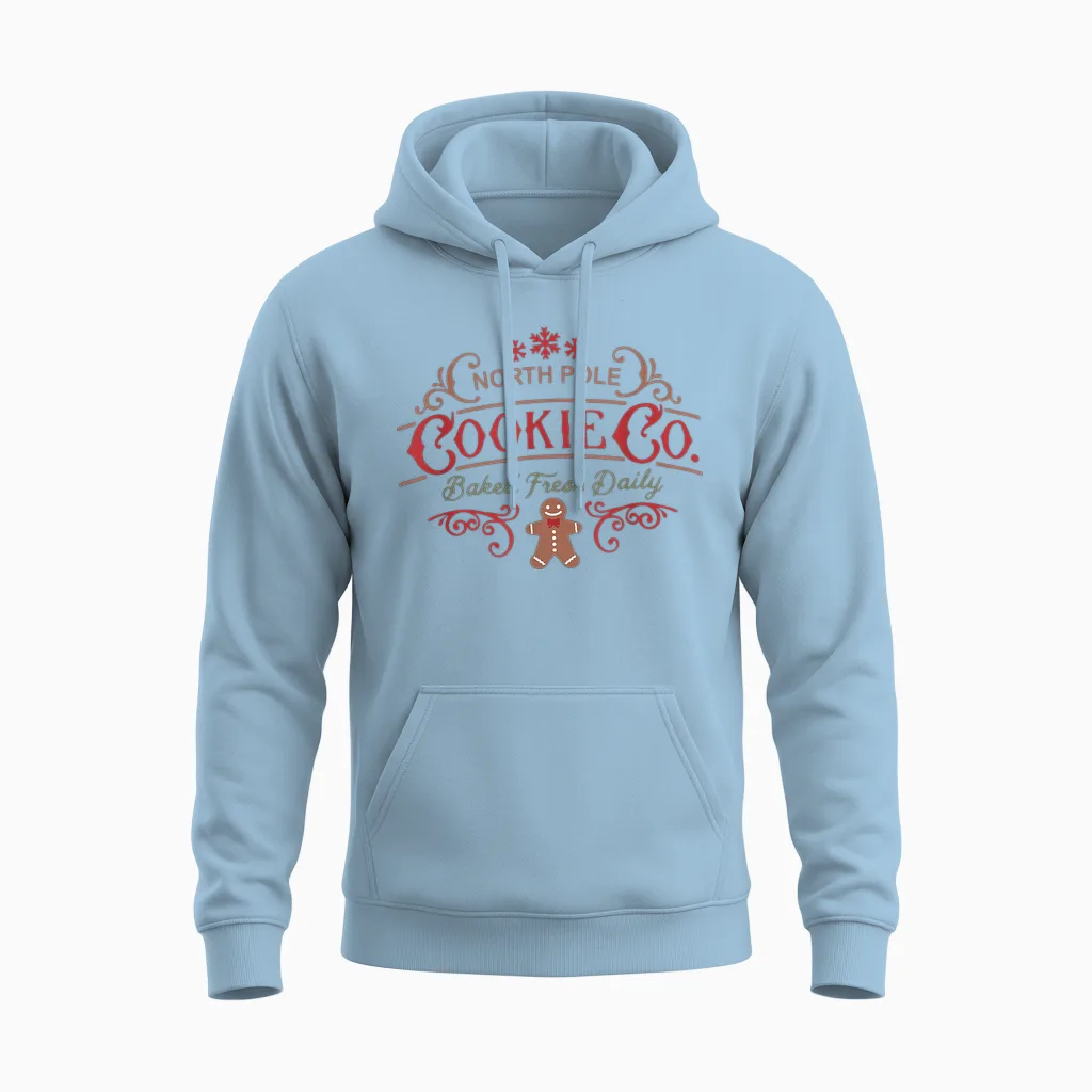 Women Retro Christmas Gingerbread Bakery North Pole Cookie Unisex Hoodie in Light Blue