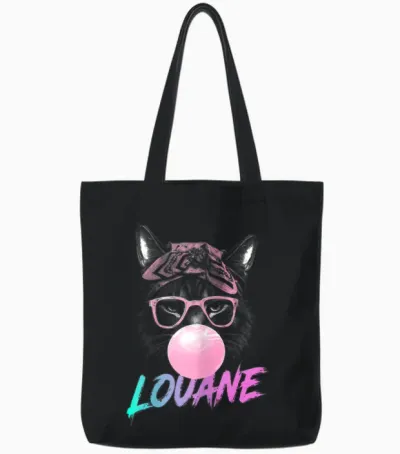 Louane - Cute Girl Name with Cute Cat Tote Bags - Black