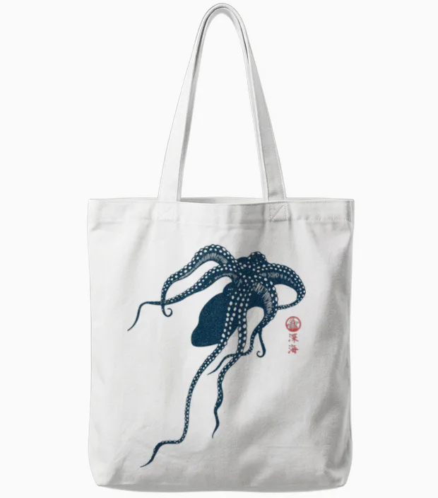 Japanese Aesthetic Vintage Octopus Tote Bags in White