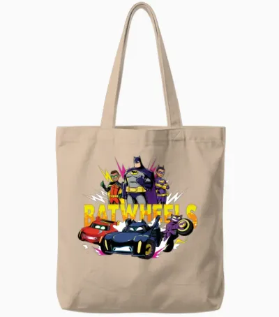 Batwheels Logo with Super Heroes and Their Cars Tote Bags - Natural