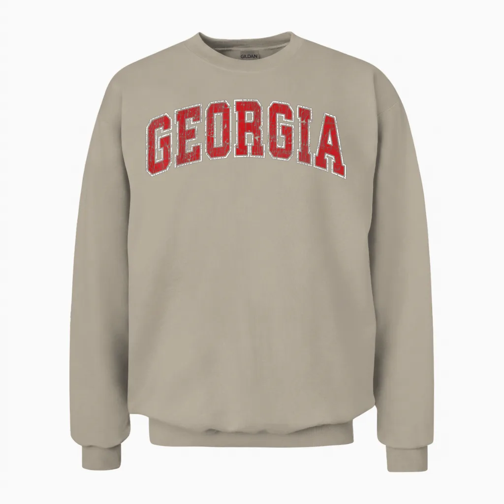 Georgia Ga Vintage Athletic Sports Design Red Text Unisex Sweatshirt in Sand