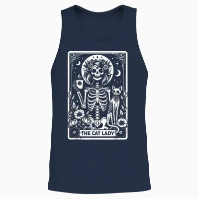 Tarot Card the Cat Lady Skeleton Cats Mum Tarot Cards T-Shirt, Black Unisex Tank Top - Navy